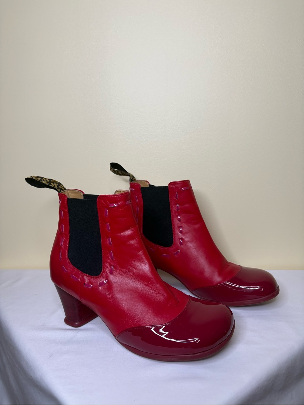 John Fluevog Red Two-Tone Patent-Toe Chelsea Booties Size 8